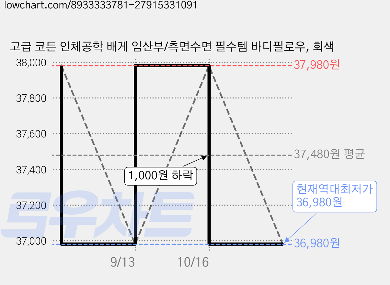 고급 코튼 인체공학 배게 임산부/측면수면 필수템 바디필로우, 회색 가격 변동 차트, 현재가 36,980원, 역대최저가
