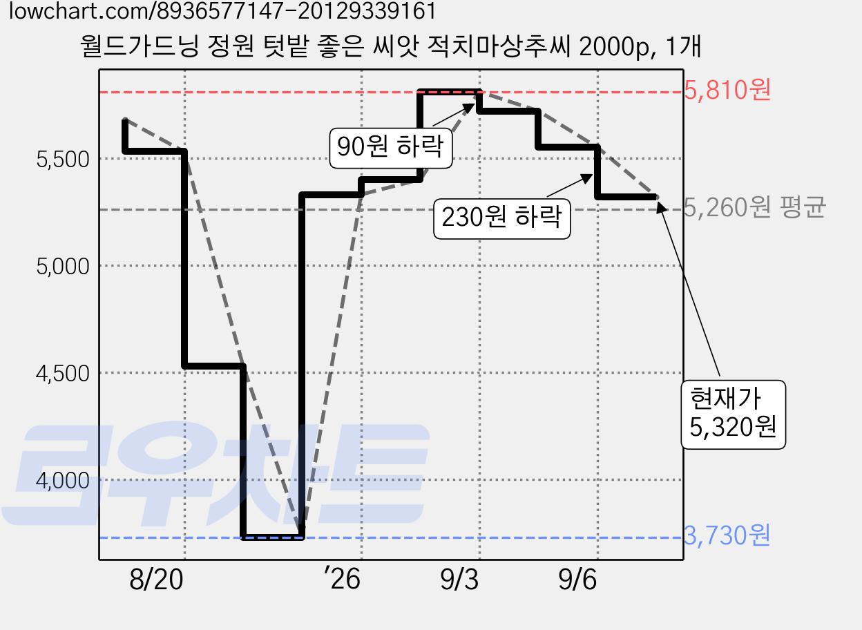 월드가드닝 정원 텃밭 좋은 씨앗 적치마상추씨 2000p, 1개 가격 변동 차트, 현재가 5,320원, 관측 최저가 3,730원