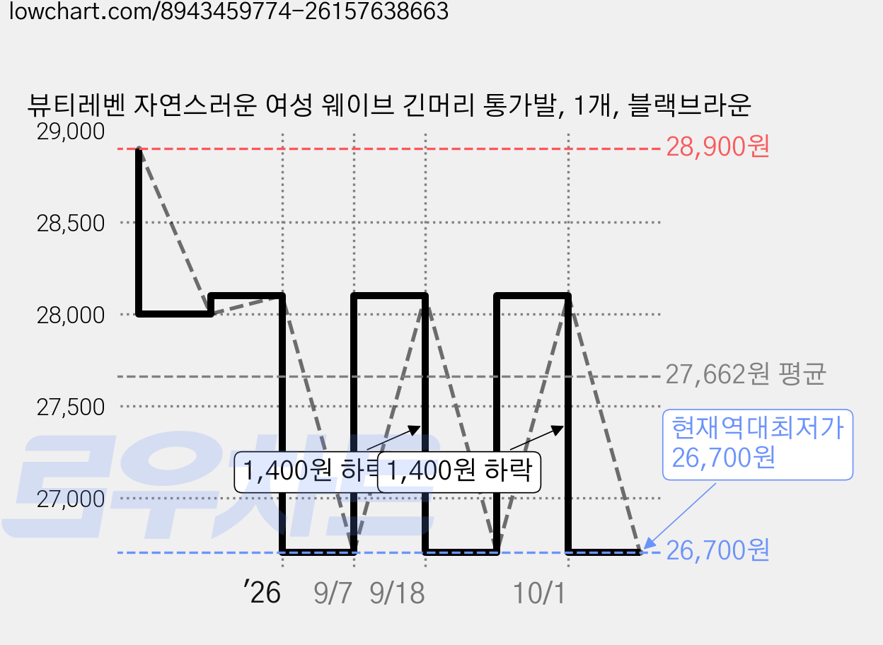 뷰티레벤 자연스러운 여성 웨이브 긴머리 통가발, 1개, 블랙브라운 가격 변동 차트, 현재가 26,700원, 역대최저가