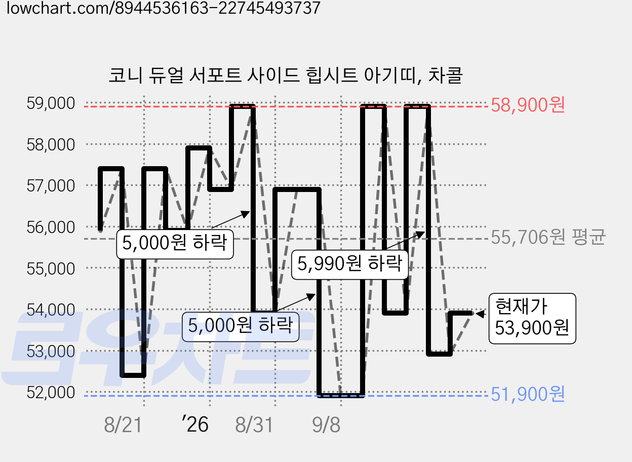 코니 듀얼 서포트 사이드 힙시트 아기띠, 차콜 가격 변동 차트, 현재가 53,900원, 관측 최저가 51,900원