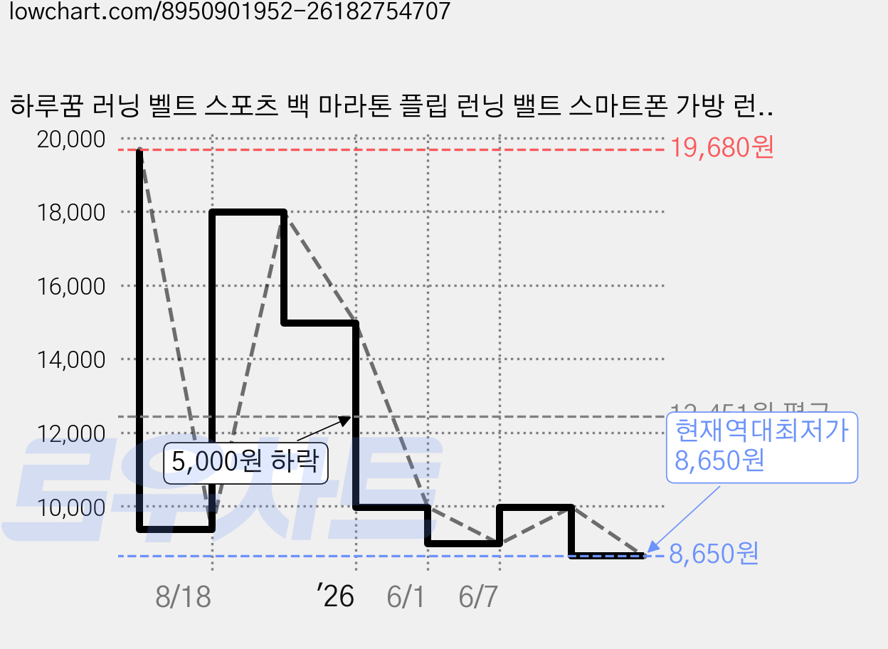 하루꿈 러닝 벨트 스포츠 백 마라톤 플립 런닝 밸트 스마트폰 가방 런닝 용품, 블랙, 1개 가격 변동 차트, 현재가 8,650원, 역대최저가