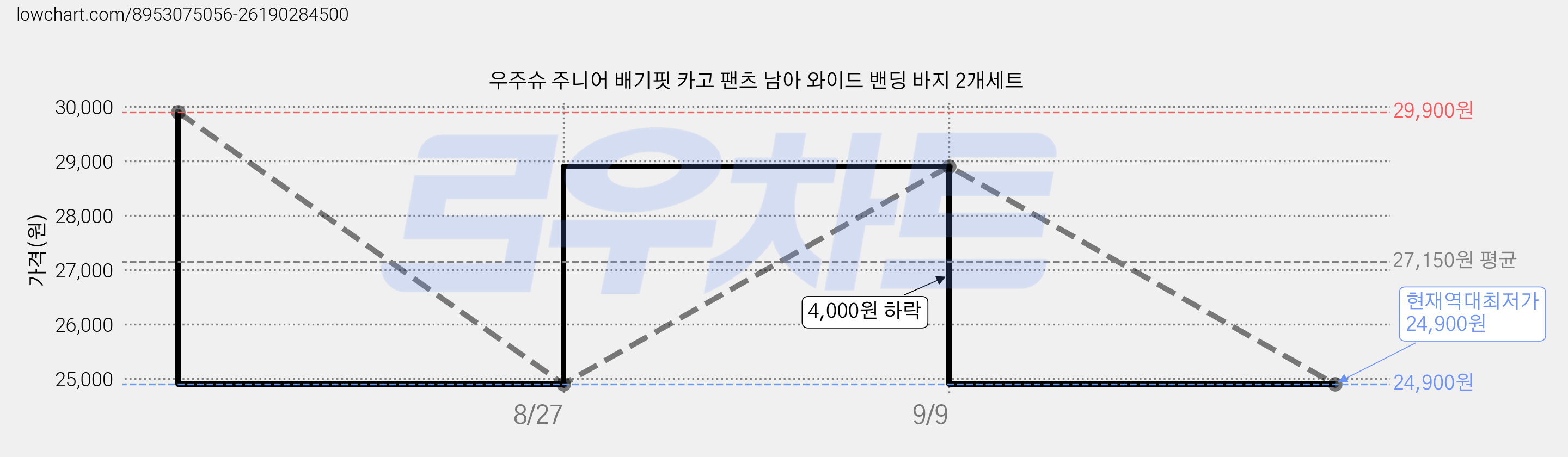 우주슈 주니어 배기핏 카고 팬츠 남아 와이드 밴딩 바지 2개세트 가격 변동 차트, 현재가 24,900원, 역대최저가
