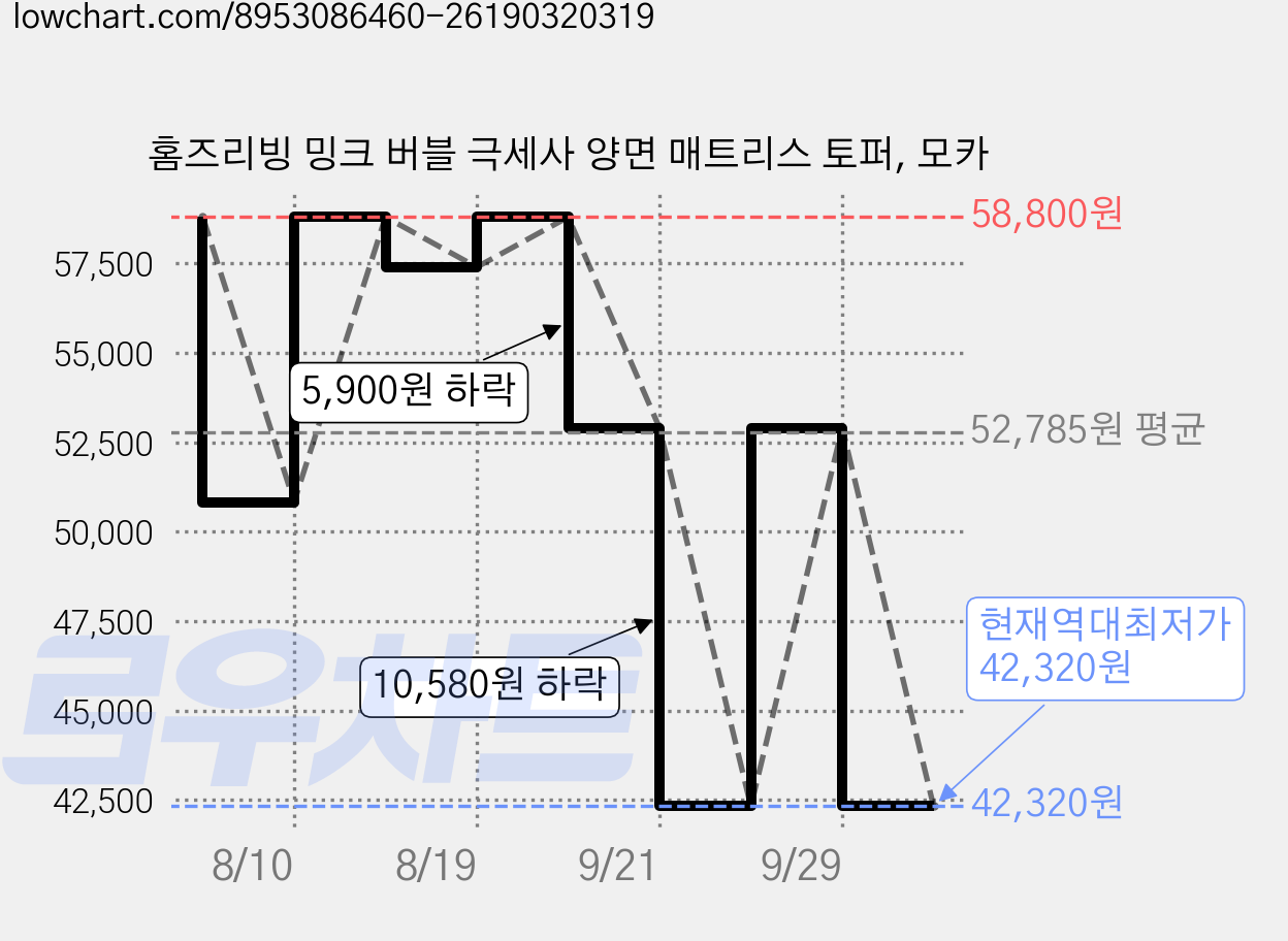 홈즈리빙 밍크 버블 극세사 양면 매트리스 토퍼, 모카 가격 변동 차트, 현재가 42,320원, 역대최저가