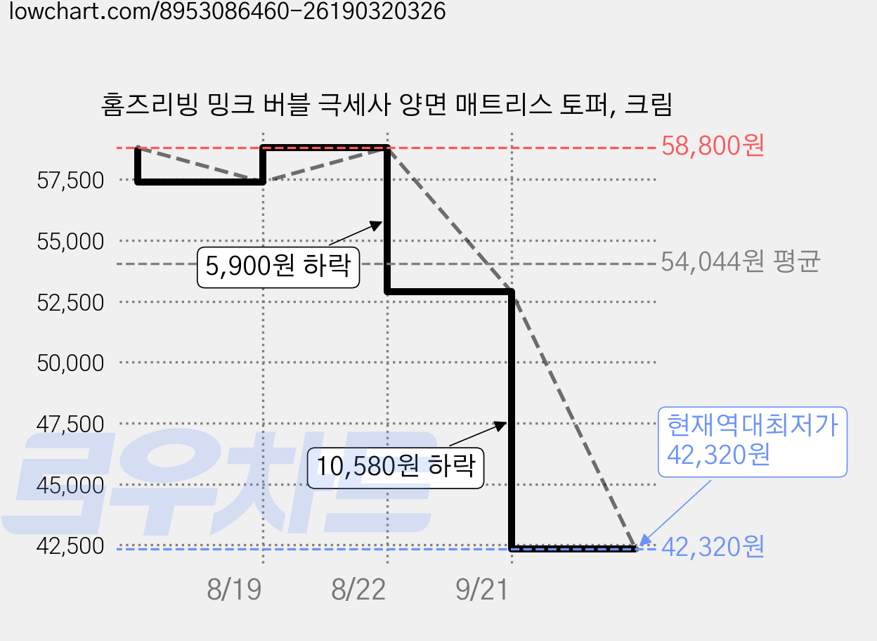 홈즈리빙 밍크 버블 극세사 양면 매트리스 토퍼, 크림 가격 변동 차트, 현재가 42,320원, 역대최저가