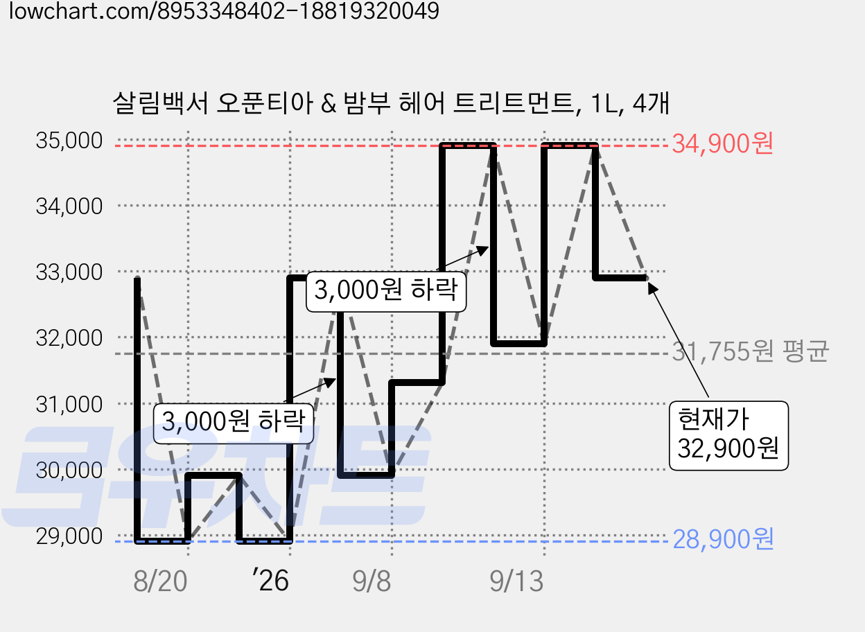 살림백서 오푼티아 & 밤부 헤어 트리트먼트, 1L, 4개 가격 변동 차트, 현재가 32,900원, 관측 최저가 28,900원