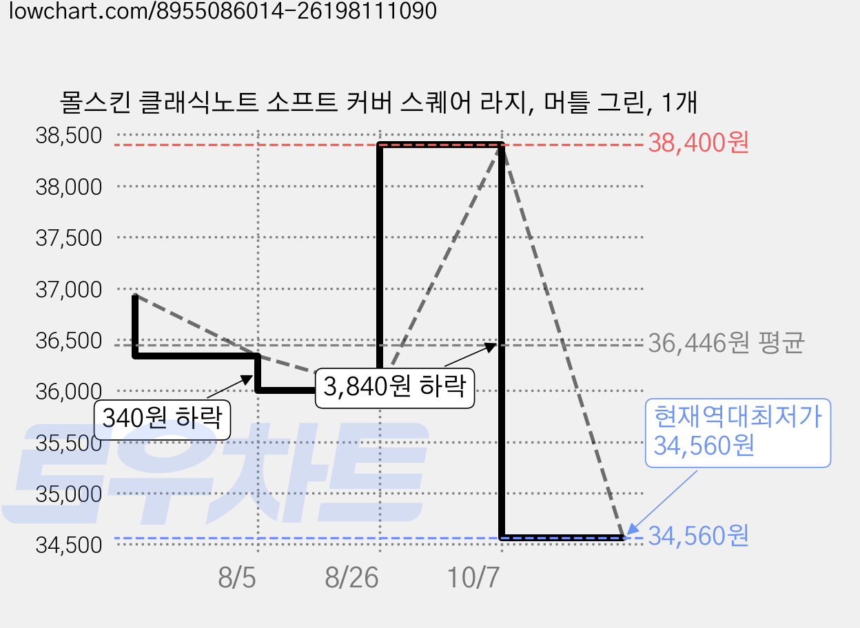 몰스킨 클래식노트 소프트 커버 스퀘어 라지, 머틀 그린, 1개 가격 변동 차트, 현재가 34,560원, 역대최저가