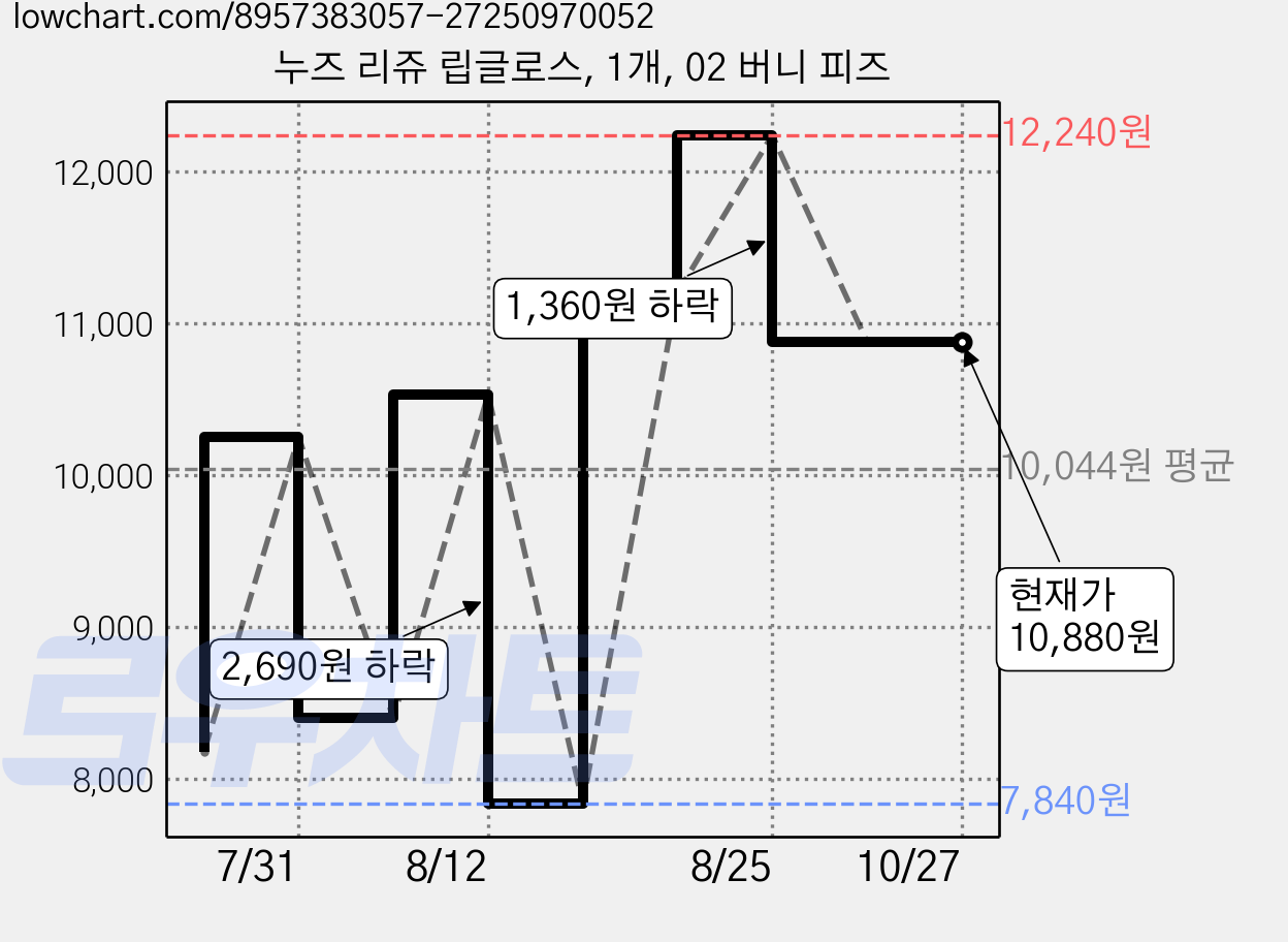 누즈 리쥬 립글로스, 1개, 02 버니 피즈 가격 변동 차트, 현재가 10,880원, 관측 최저가 7,840원