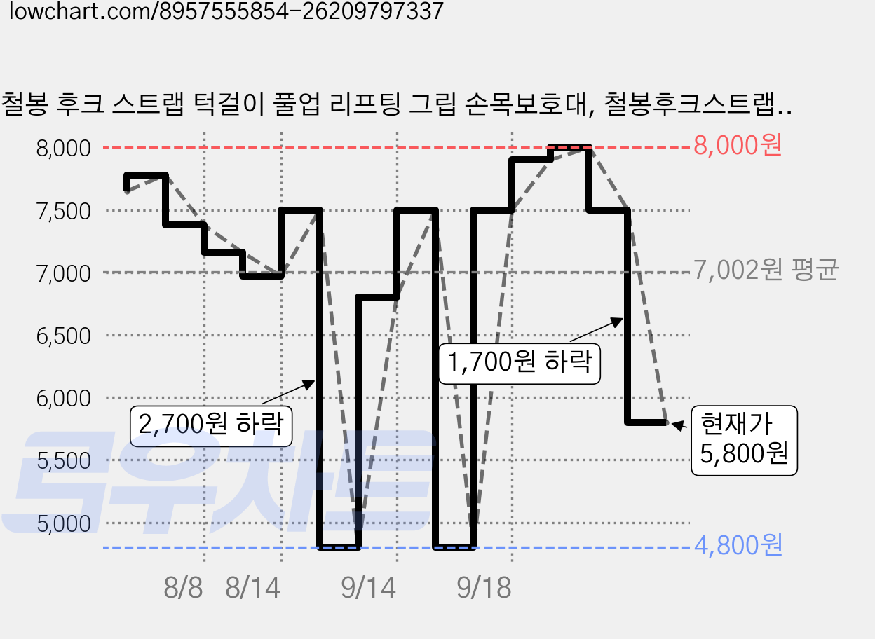 철봉 후크 스트랩 턱걸이 풀업 리프팅 그립 손목보호대, 철봉후크스트랩D892, 블랙, 1세트 가격 변동 차트, 현재가 5,800원, 관측 최저가 4,800원