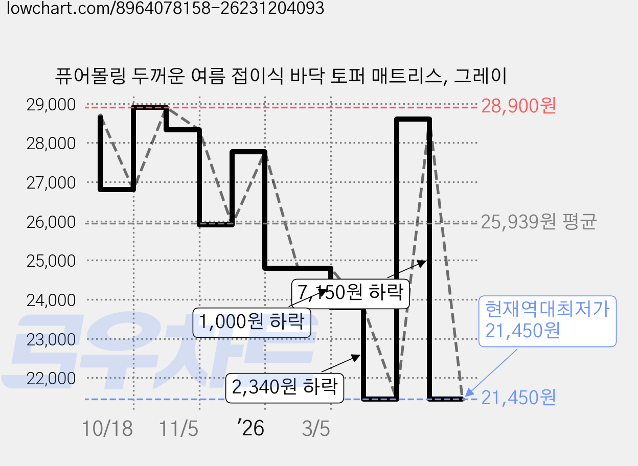 퓨어몰링 두꺼운 여름 접이식 바닥 토퍼 매트리스, 그레이 가격 변동 차트, 현재가 21,450원, 역대최저가