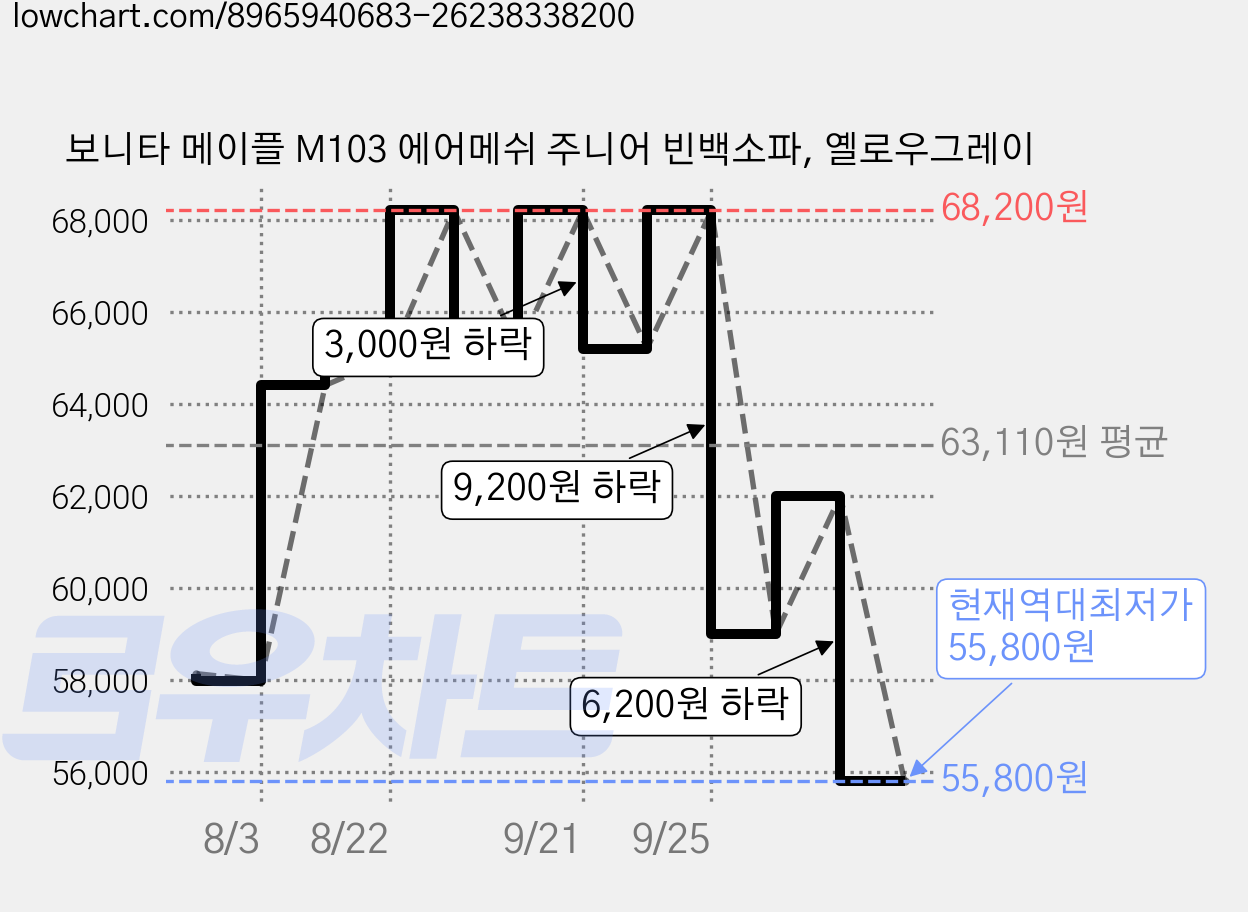 보니타 메이플 M103 에어메쉬 주니어 빈백소파, 옐로우그레이 가격 변동 차트, 현재가 55,800원, 역대최저가