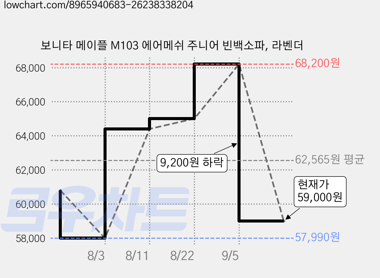 보니타 메이플 M103 에어메쉬 주니어 빈백소파, 라벤더 가격 변동 차트, 현재가 59,000원, 관측 최저가 57,990원