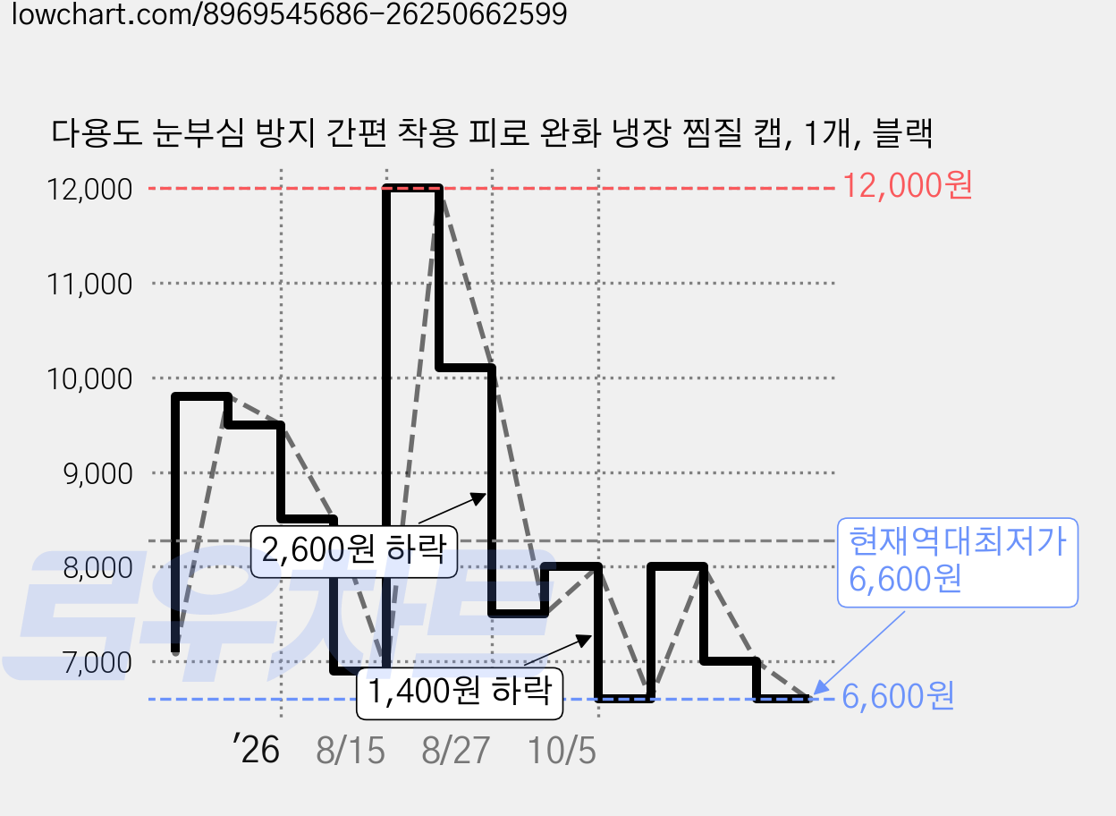 다용도 눈부심 방지 간편 착용 피로 완화 냉장 찜질 캡, 1개, 블랙 가격 변동 차트, 현재가 6,600원, 역대최저가