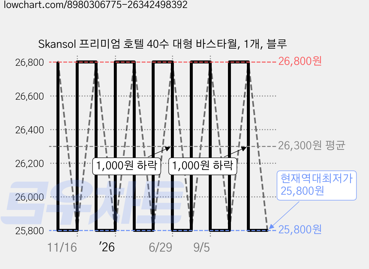 Skansol 프리미엄 호텔 40수 대형 바스타월, 1개, 블루 가격 변동 차트, 현재가 25,800원, 역대최저가
