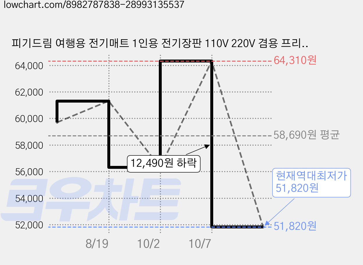 피기드림 여행용 전기매트 1인용 전기장판 110V 220V 겸용 프리볼트 탄소 휴대용 캠핑용, 블랙 L(45 x 135cm) 가격 변동 차트, 현재가 51,820원, 역대최저가