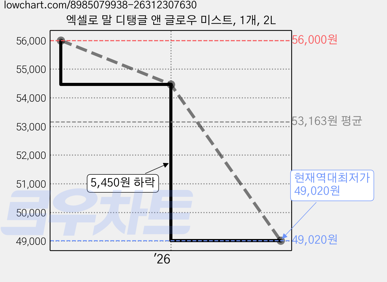 엑셀로 말 디탱글 앤 글로우 미스트, 1개, 2L 가격 변동 차트, 현재가 49,020원, 역대최저가