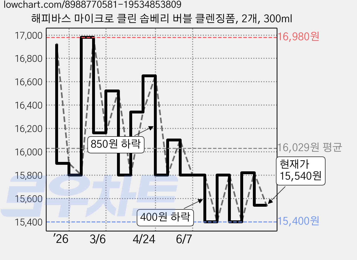 해피바스 마이크로 클린 솝베리 버블 클렌징폼, 2개, 300ml 가격 변동 차트, 현재가 15,540원, 관측 최저가 15,400원