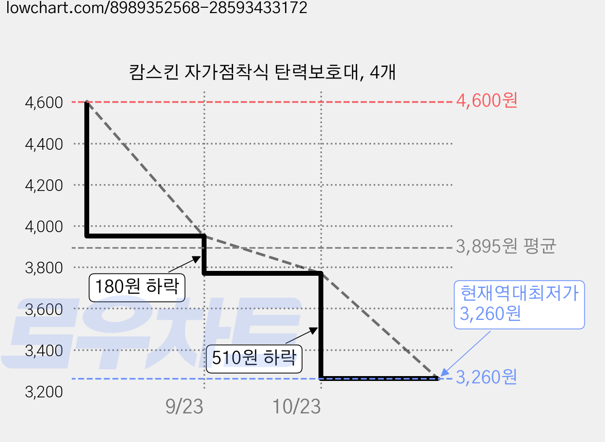 캄스킨 자가점착식 탄력보호대, 4개 가격 변동 차트, 현재가 3,260원, 역대최저가