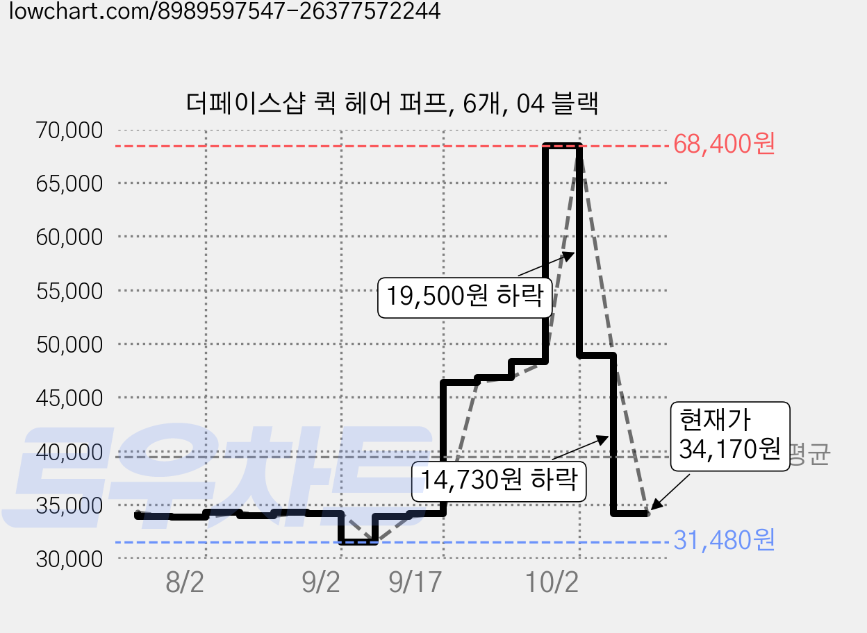 더페이스샵 퀵 헤어 퍼프, 6개, 04 블랙 가격 변동 차트, 현재가 34,170원, 관측 최저가 31,480원