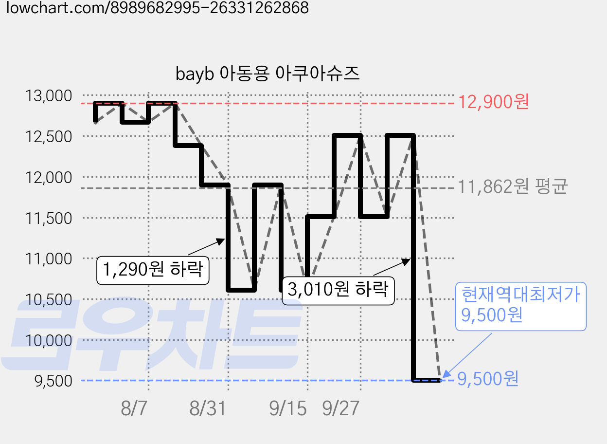 bayb 아동용 아쿠아슈즈 가격 변동 차트, 현재가 9,500원, 역대최저가