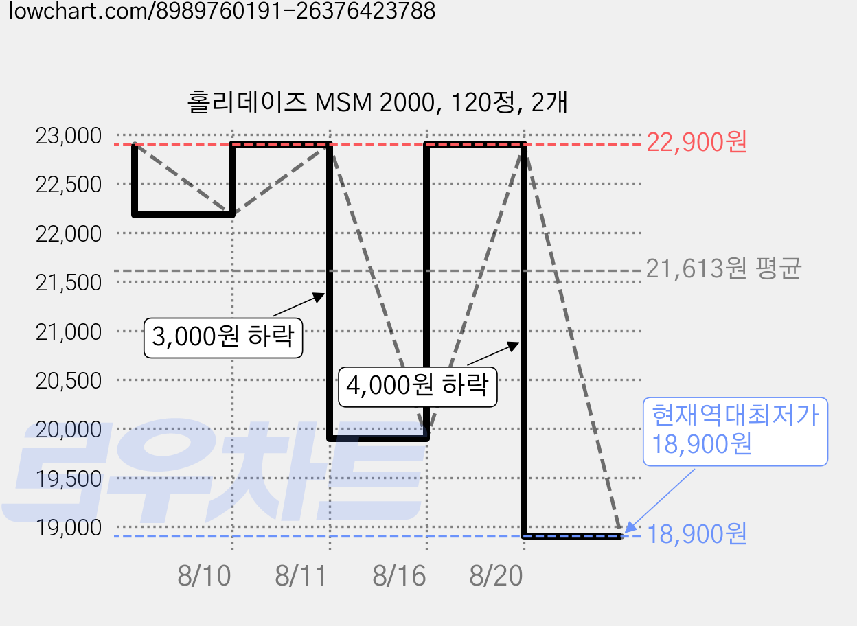 홀리데이즈 MSM 2000, 120정, 2개 가격 변동 차트, 현재가 18,900원, 역대최저가