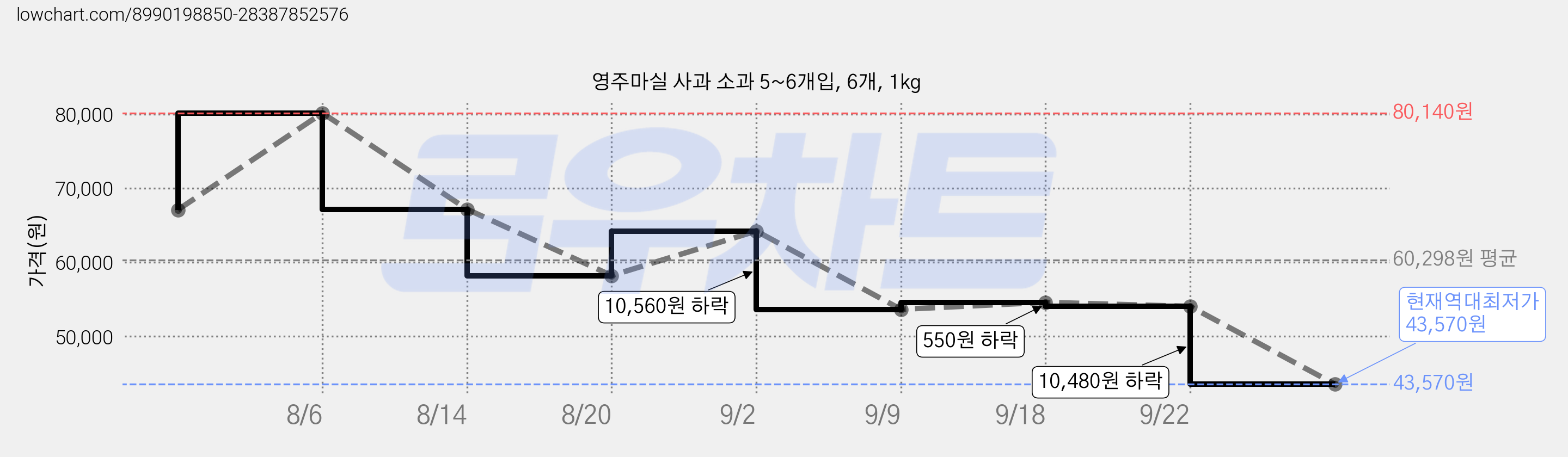 영주마실 사과 소과 5~6개입, 6개, 1kg 가격 변동 차트, 현재가 43,570원, 역대최저가