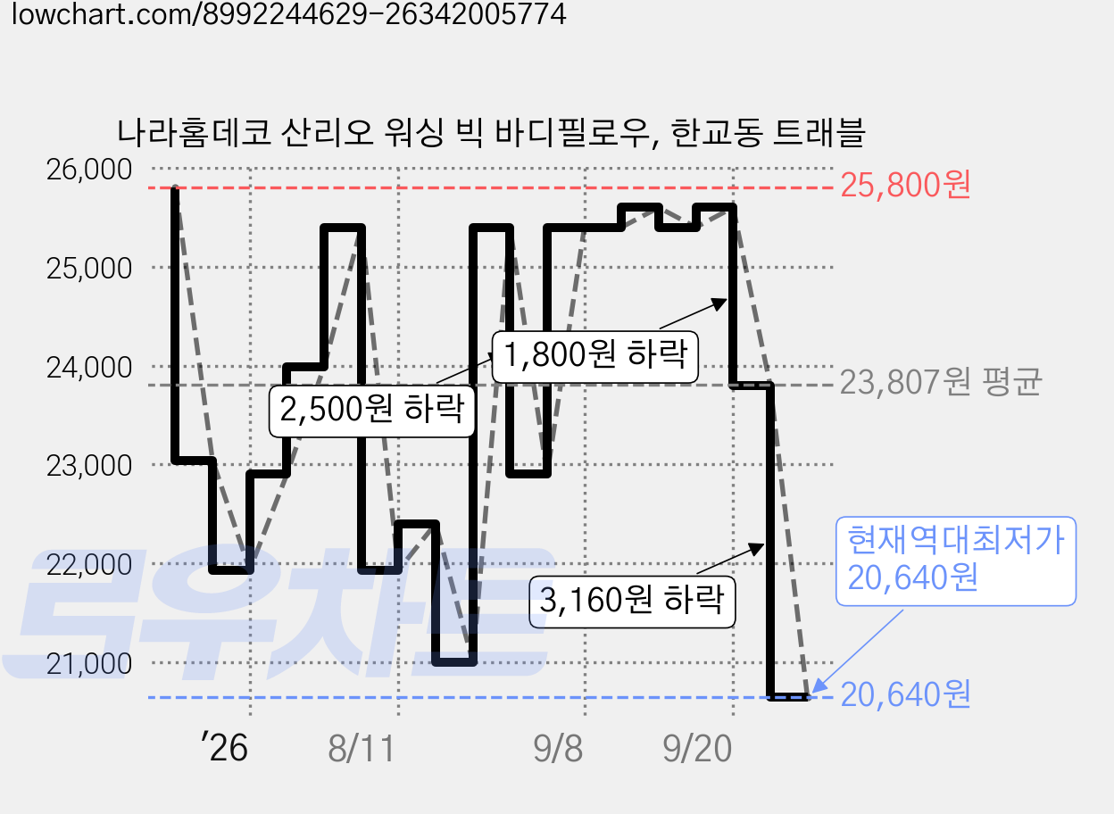 나라홈데코 산리오 워싱 빅 바디필로우, 한교동 트래블 가격 변동 차트, 현재가 20,640원, 역대최저가