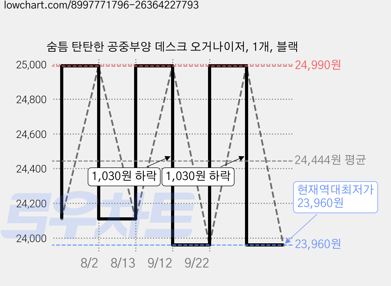 숨틈 탄탄한 공중부양 데스크 오거나이저, 1개, 블랙 가격 변동 차트, 현재가 23,960원, 역대최저가