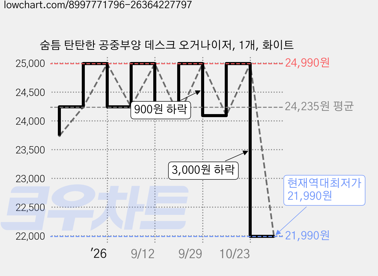 숨틈 탄탄한 공중부양 데스크 오거나이저, 1개, 화이트 가격 변동 차트, 현재가 21,990원, 역대최저가