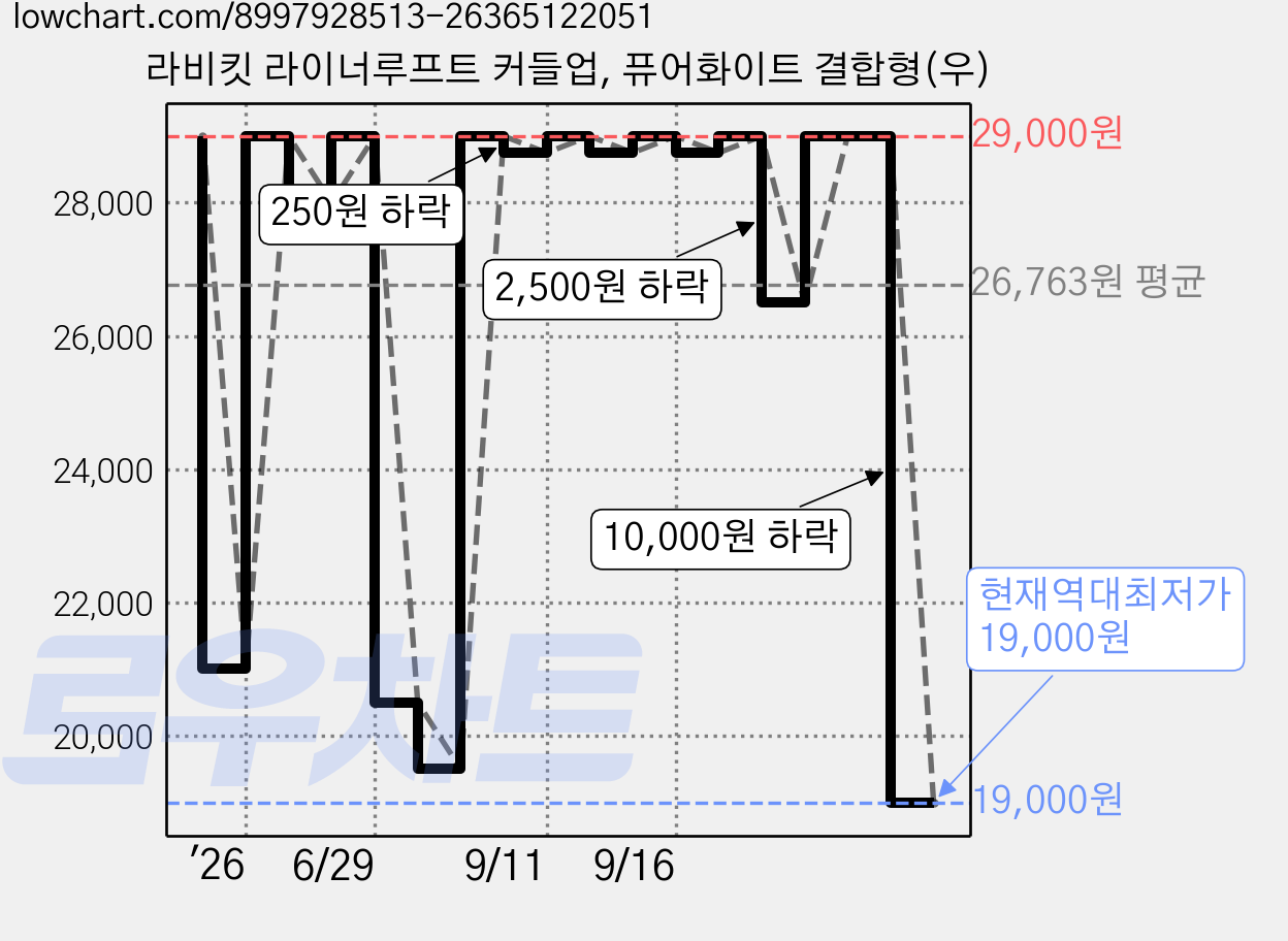 라비킷 라이너루프트 커들업, 퓨어화이트 결합형(우) 가격 변동 차트, 현재가 19,000원, 역대최저가