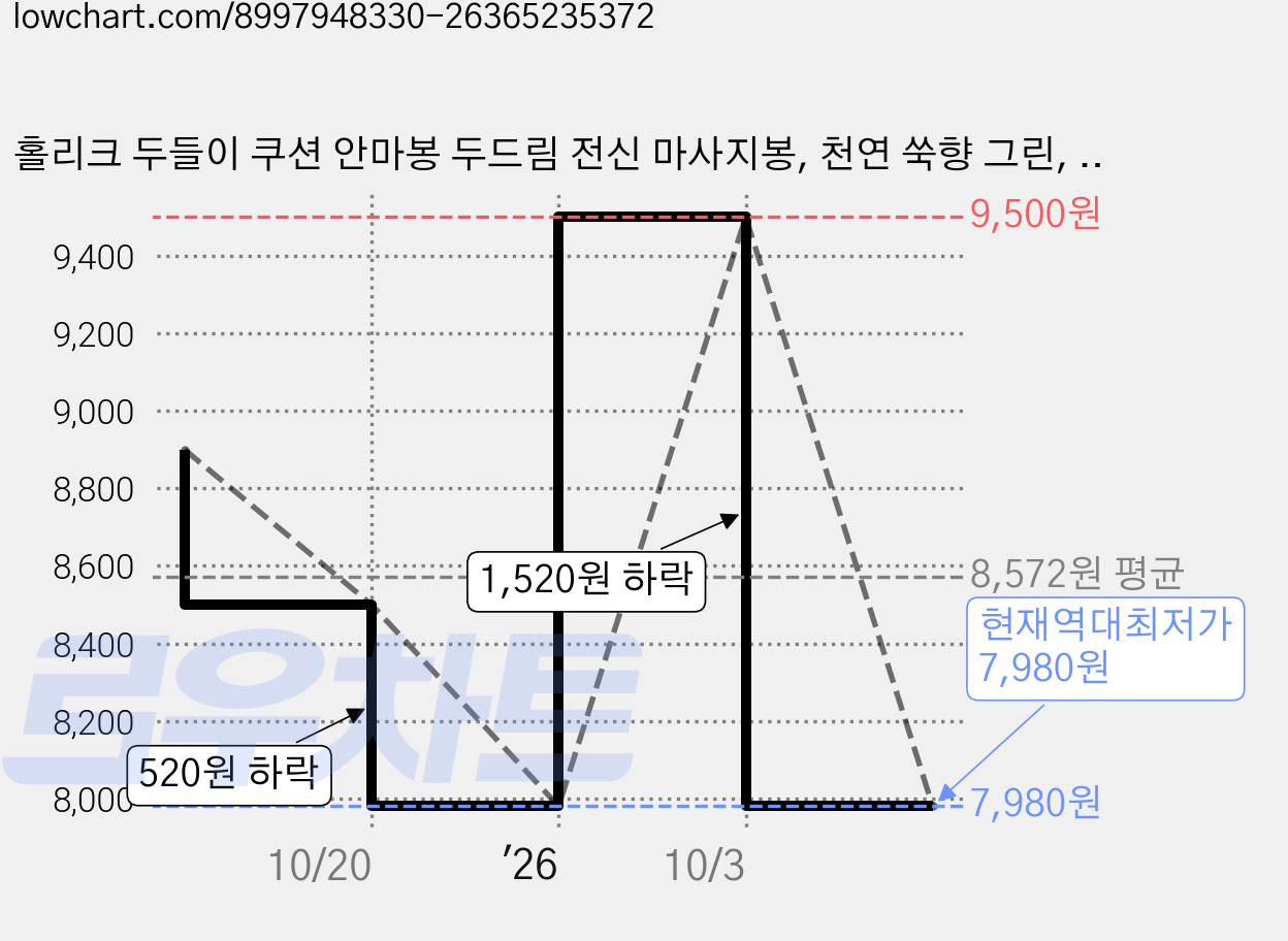 홀리크 두들이 쿠션 안마봉 두드림 전신 마사지봉, 천연 쑥향 그린, 1개 가격 변동 차트, 현재가 7,980원, 역대최저가
