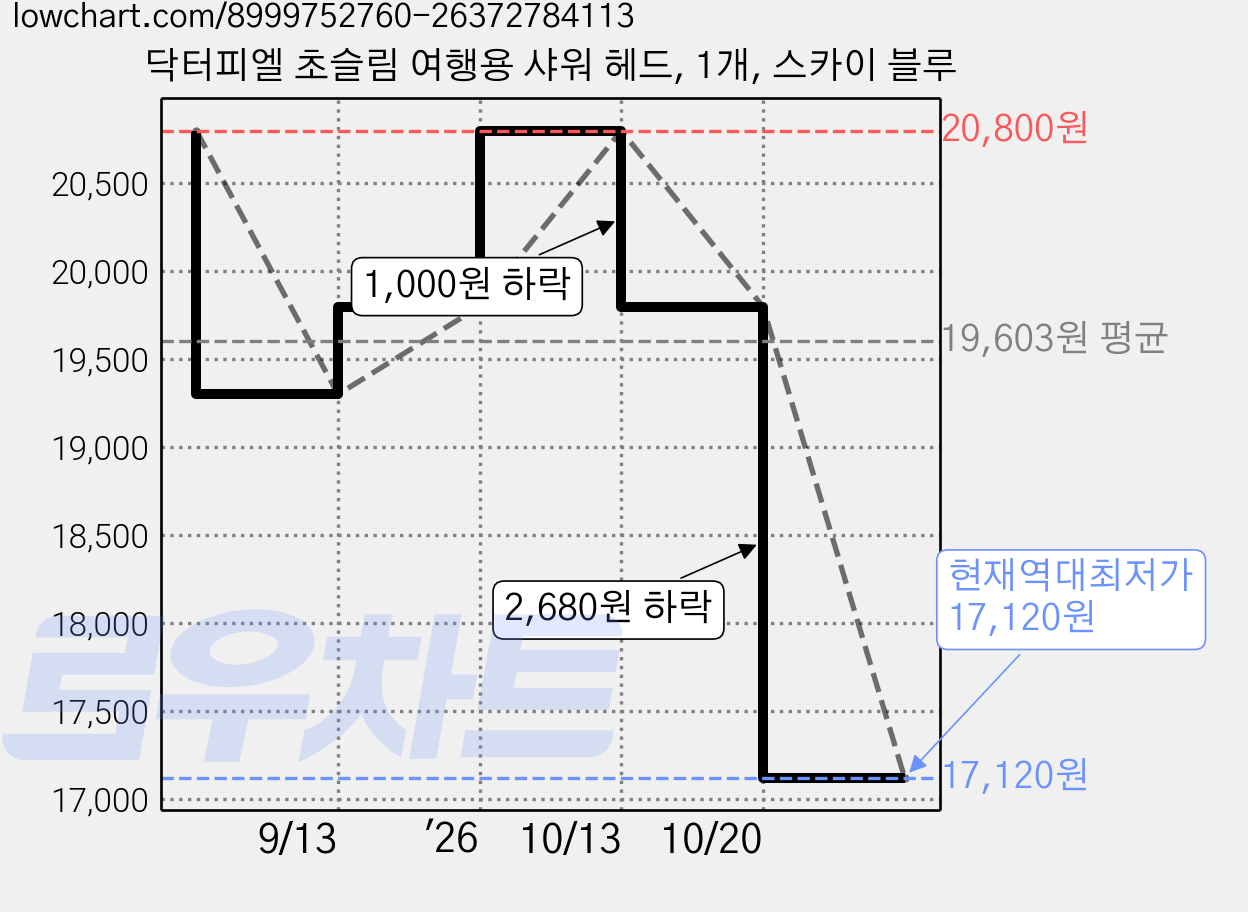 닥터피엘 초슬림 여행용 샤워 헤드, 1개, 스카이 블루 가격 변동 차트, 현재가 17,120원, 역대최저가