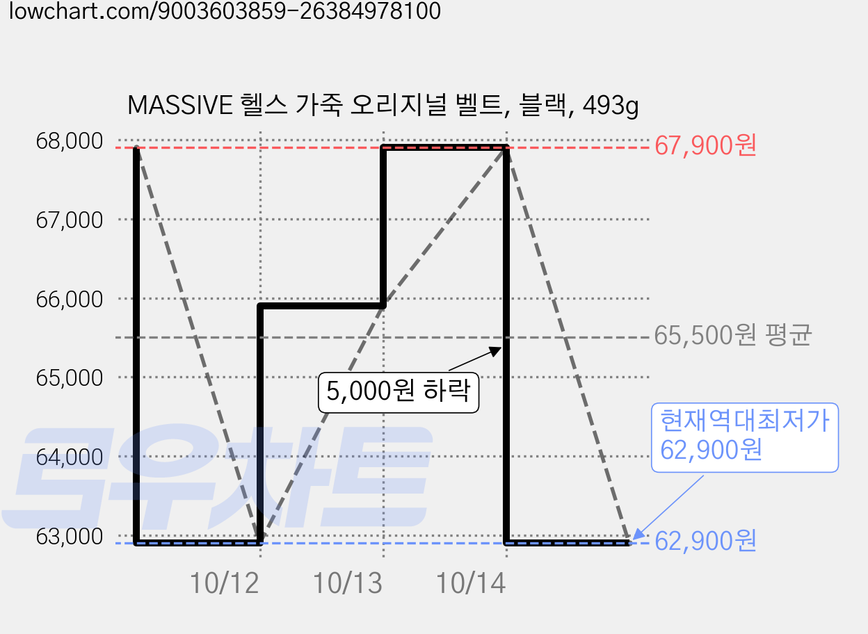 MASSIVE 헬스 가죽 오리지널 벨트, 블랙, 493g 가격 변동 차트, 현재가 62,900원, 역대최저가