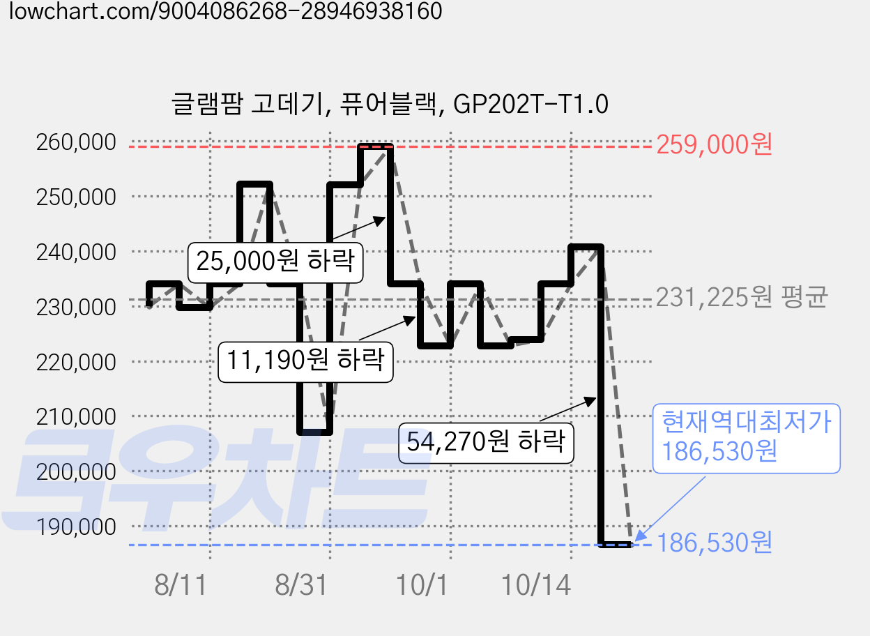 글램팜 고데기, 퓨어블랙, GP202T-T1.0 가격 변동 차트, 현재가 194,000원, 역대최저가