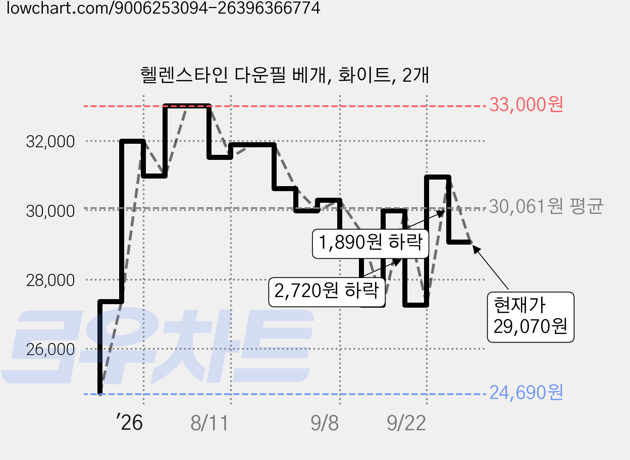 헬렌스타인 다운필 베개, 화이트, 2개 가격 변동 차트, 현재가 29,070원, 관측 최저가 24,170원