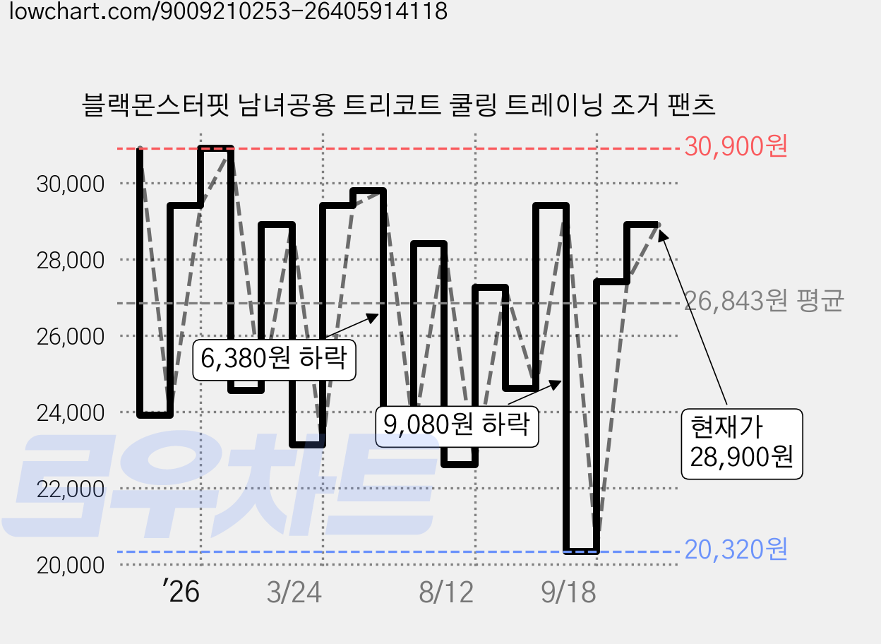 블랙몬스터핏 남녀공용 트리코트 쿨링 트레이닝 조거 팬츠 가격 변동 차트, 현재가 28,900원, 관측 최저가 20,320원