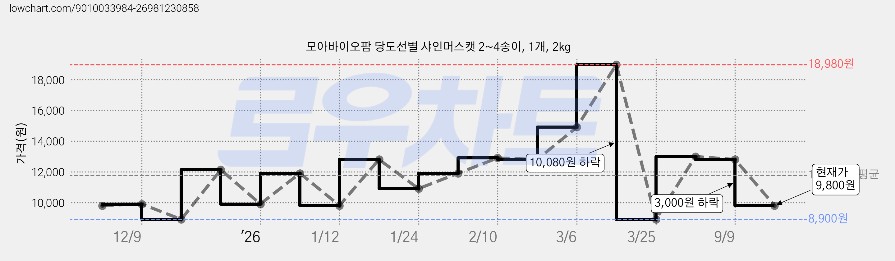 모아바이오팜 당도선별 샤인머스캣 2~4송이, 1개, 2kg 가격 변동 차트, 현재가 9,800원, 관측 최저가 8,900원