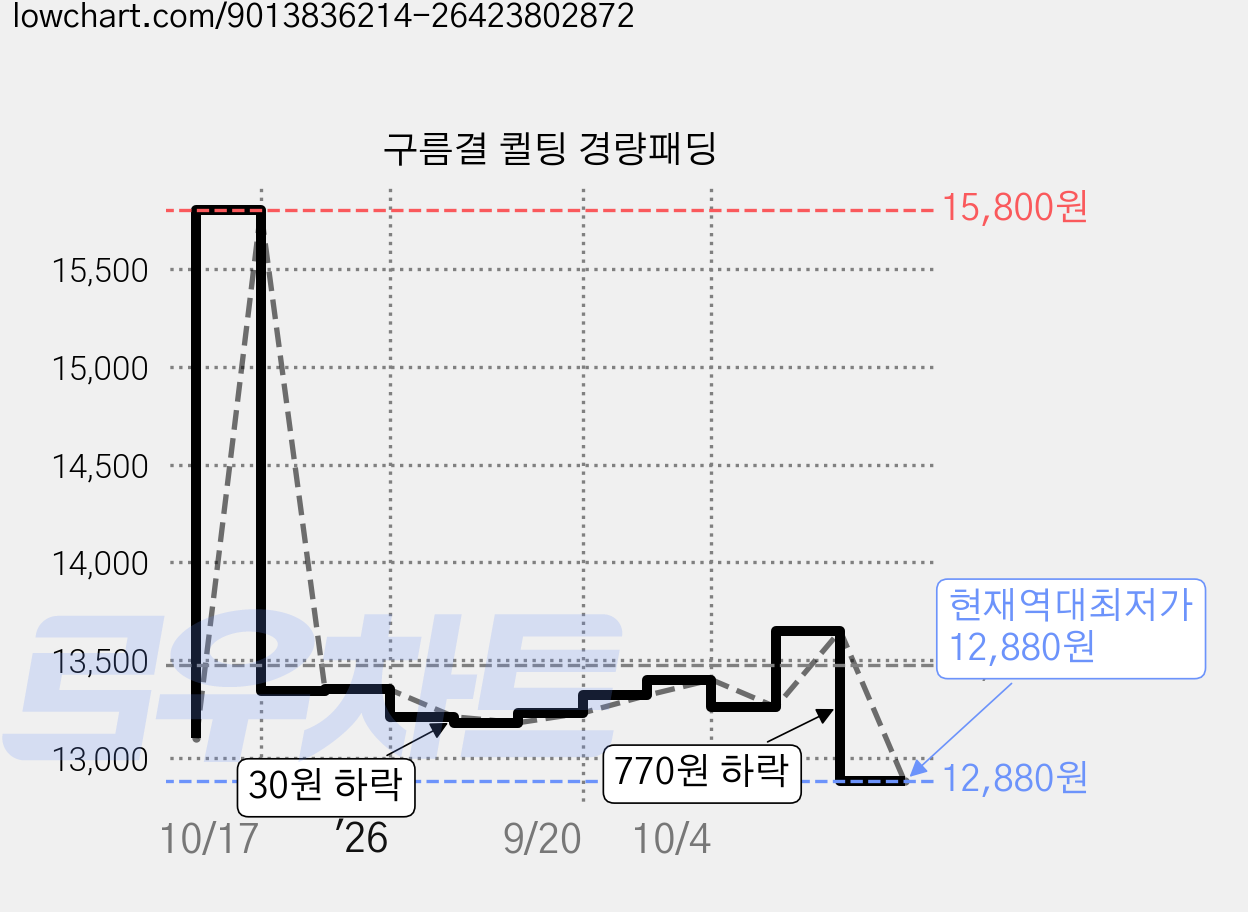 구름결 퀼팅 경량패딩 가격 변동 차트, 현재가 12,880원, 역대최저가