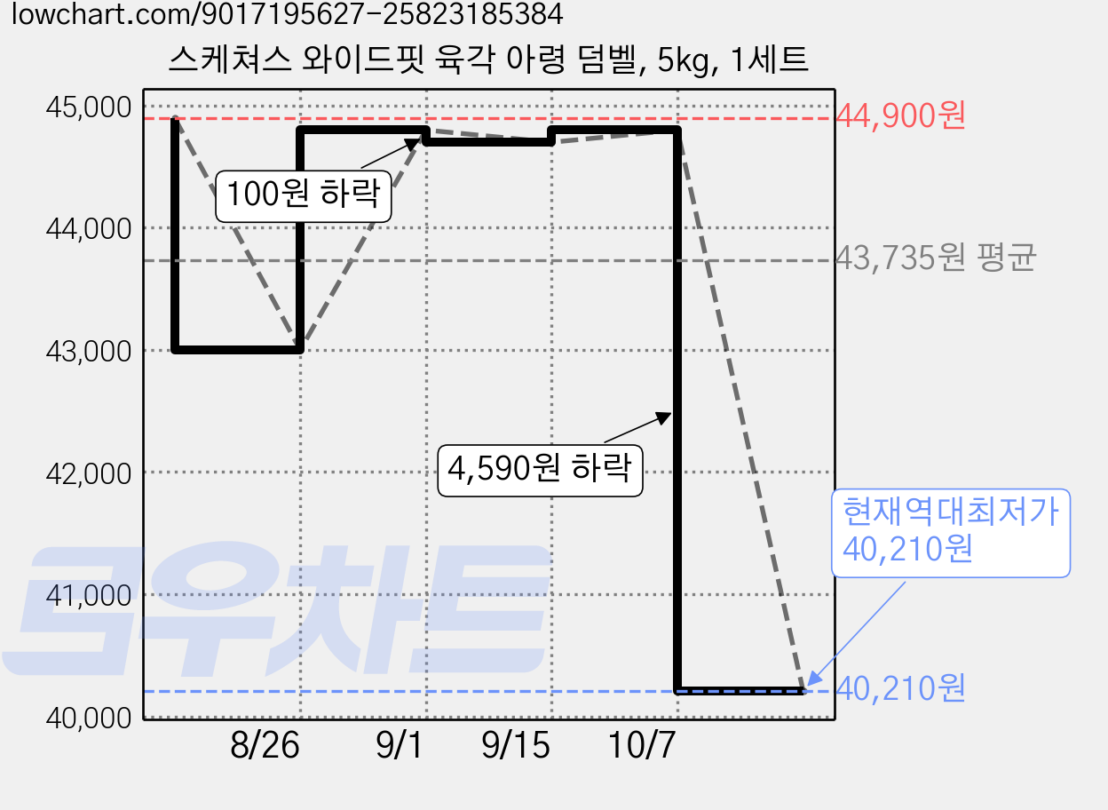 스케쳐스 와이드핏 육각 아령 덤벨, 5kg, 1세트 가격 변동 차트, 현재가 40,210원, 역대최저가