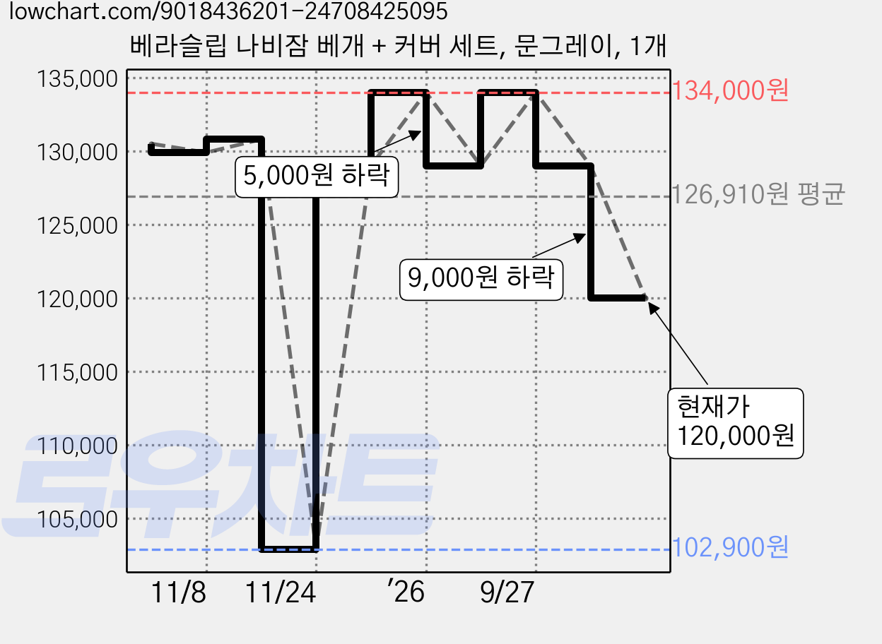 베라슬립 나비잠 베개 + 커버 세트, 문그레이, 1개 가격 변동 차트, 현재가 120,000원, 관측 최저가 102,900원