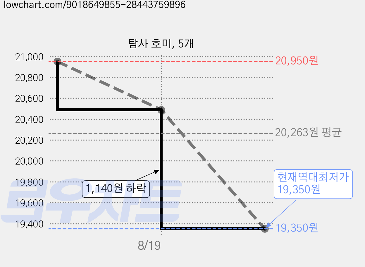 탐사 호미, 5개 가격 변동 차트, 현재가 19,350원, 역대최저가