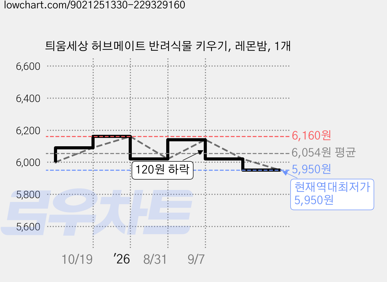틔움세상 허브메이트 반려식물 키우기, 레몬밤, 1개 가격 변동 차트, 현재가 5,950원, 역대최저가