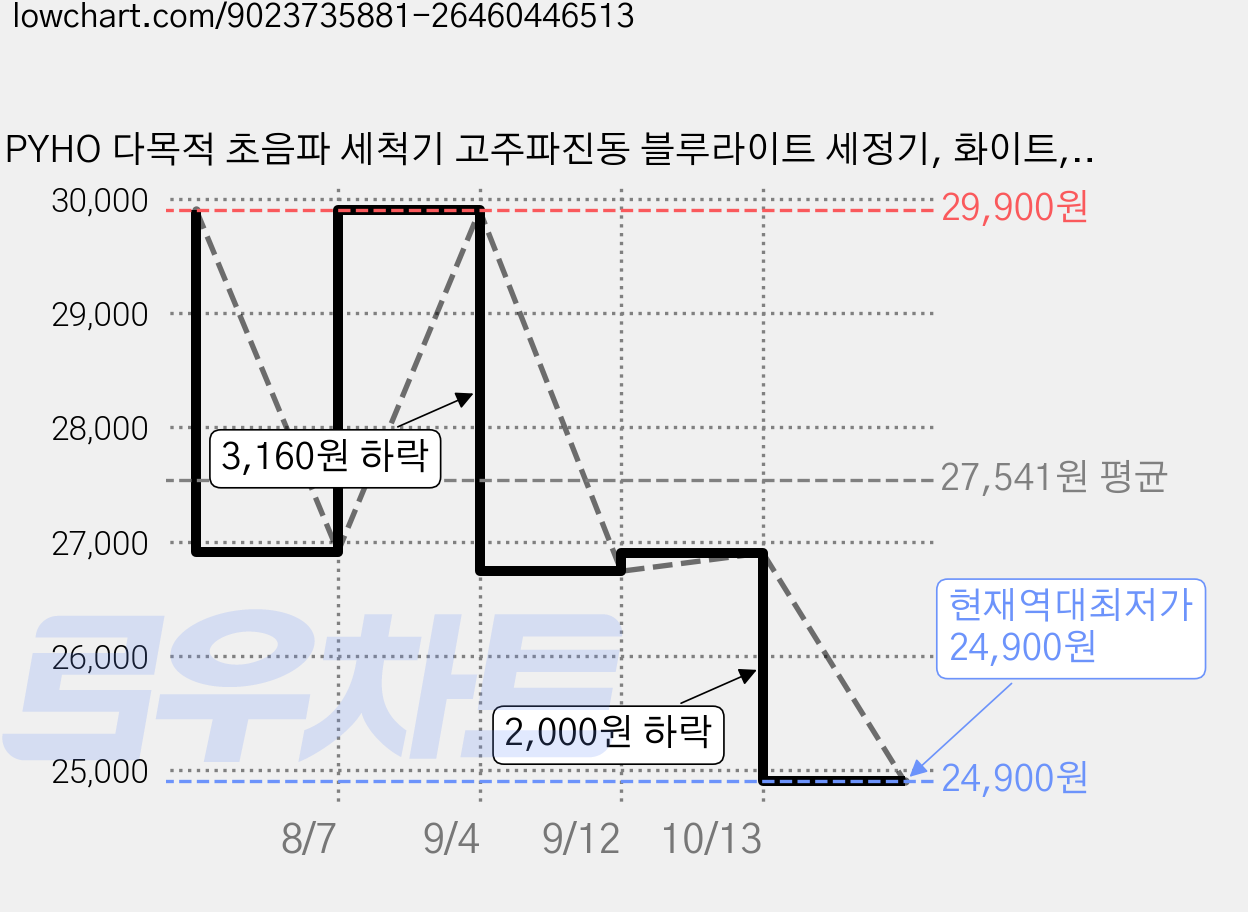 PYHO 다목적 초음파 세척기 고주파진동 블루라이트 세정기, 화이트, 1개 가격 변동 차트, 현재가 24,900원, 역대최저가