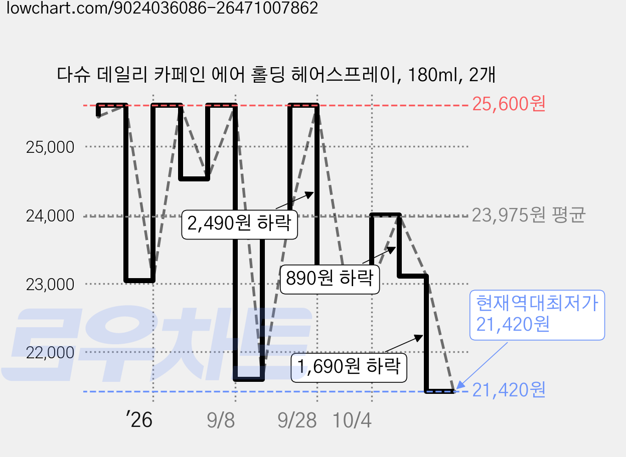 다슈 데일리 카페인 에어 홀딩 헤어스프레이, 180ml, 2개 가격 변동 차트, 현재가 21,420원, 역대최저가