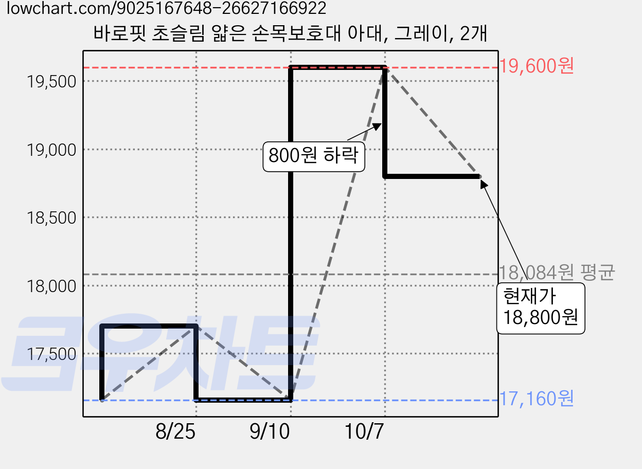 바로핏 초슬림 얇은 손목보호대 아대, 그레이, 2개 가격 변동 차트, 현재가 18,800원, 관측 최저가 17,160원