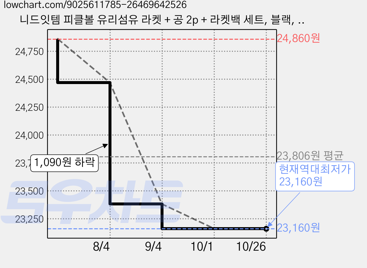 니드잇템 피클볼 유리섬유 라켓 + 공 2p + 라켓백 세트, 블랙, 1세트 가격 변동 차트, 현재가 23,160원, 역대최저가