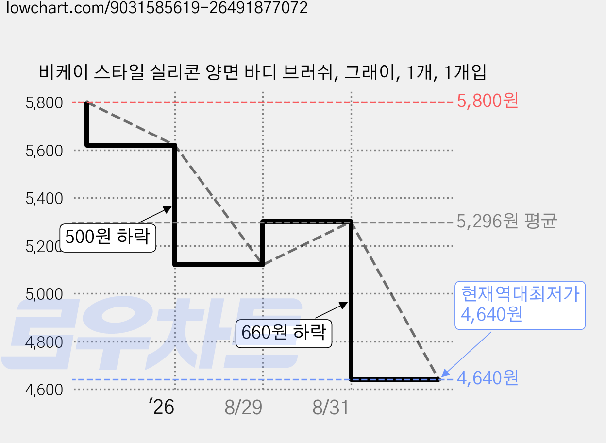 비케이 스타일 실리콘 양면 바디 브러쉬, 그래이, 1개, 1개입 가격 변동 차트, 현재가 4,640원, 역대최저가