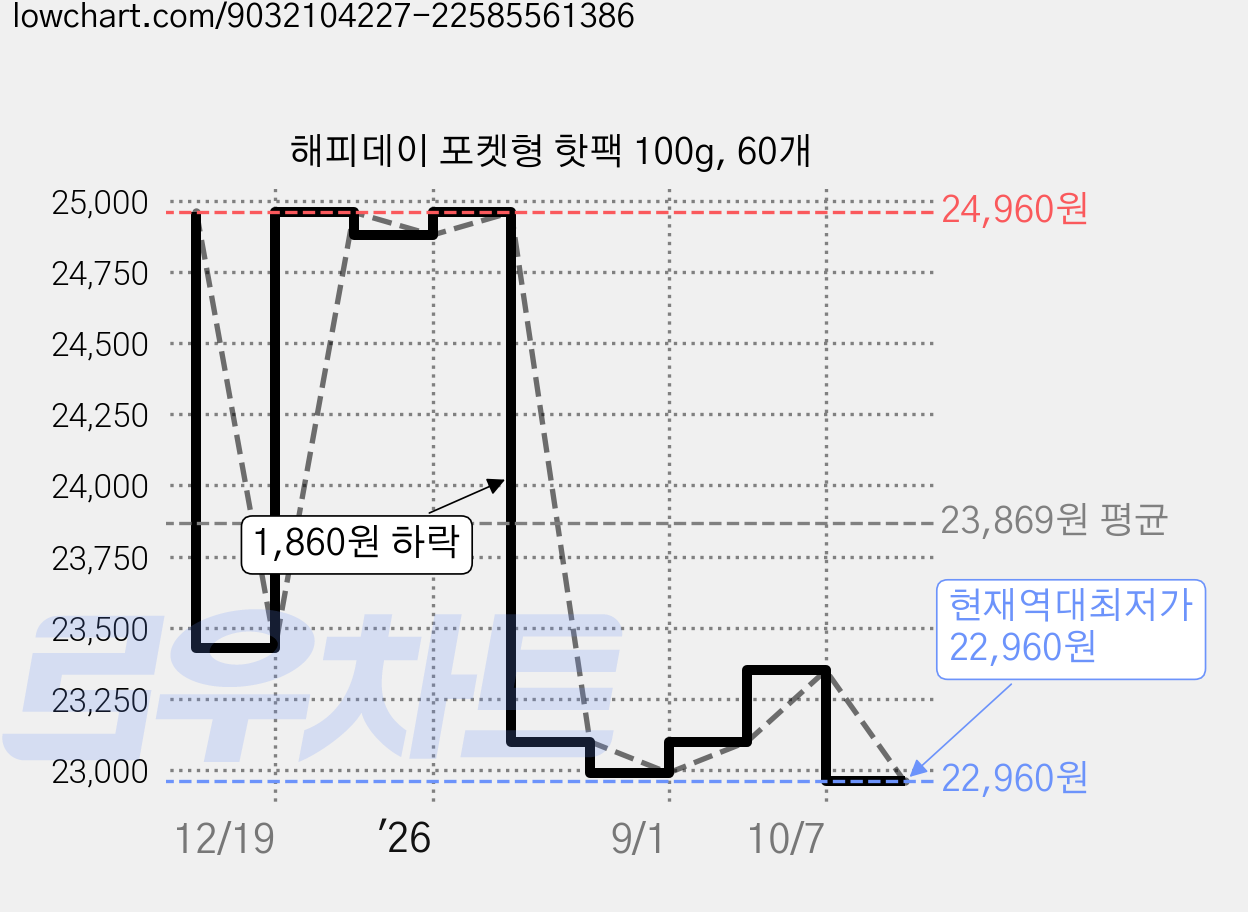 해피데이 포켓형 핫팩 100g, 60개 가격 변동 차트, 현재가 22,960원, 역대최저가