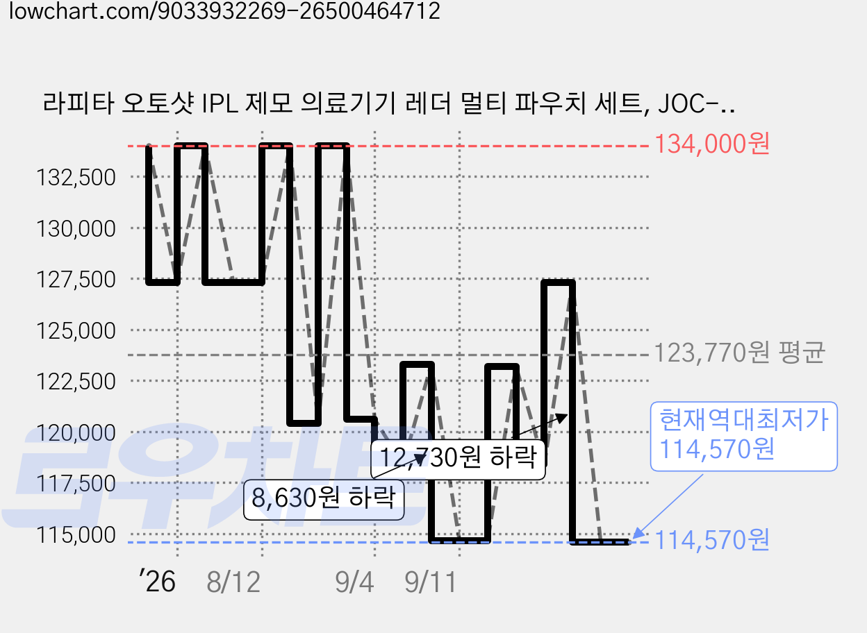 라피타 오토샷 IPL 제모 의료기기 레더 멀티 파우치 세트, JOC-9000, 레이저제모기 가격 변동 차트, 현재가 114,570원, 역대최저가
