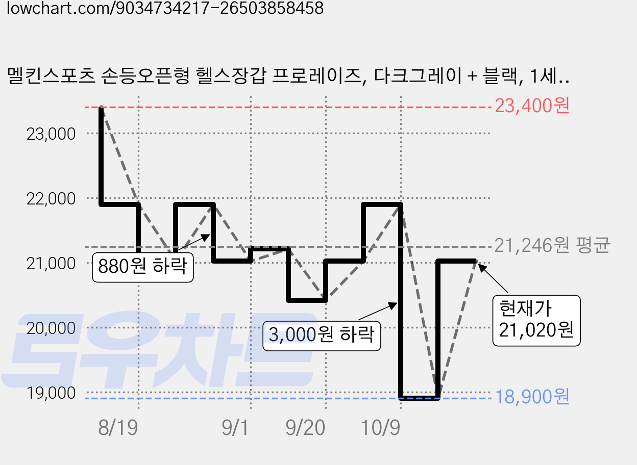 멜킨스포츠 손등오픈형 헬스장갑 프로레이즈, 다크그레이 + 블랙, 1세트 가격 변동 차트, 현재가 21,020원, 관측 최저가 18,900원