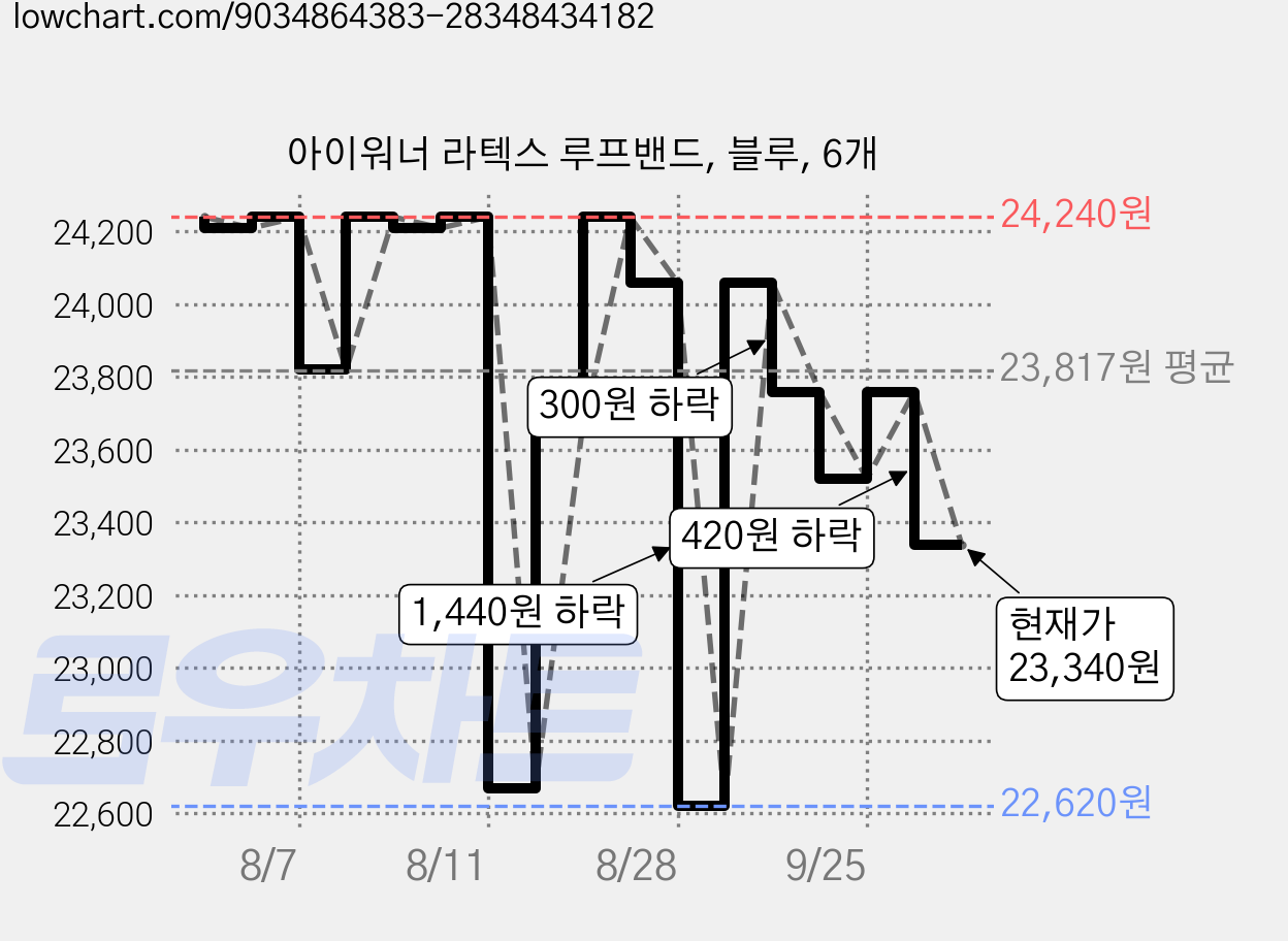 아이워너 라텍스 루프밴드, 블루, 6개 가격 변동 차트, 현재가 23,340원, 관측 최저가 22,620원